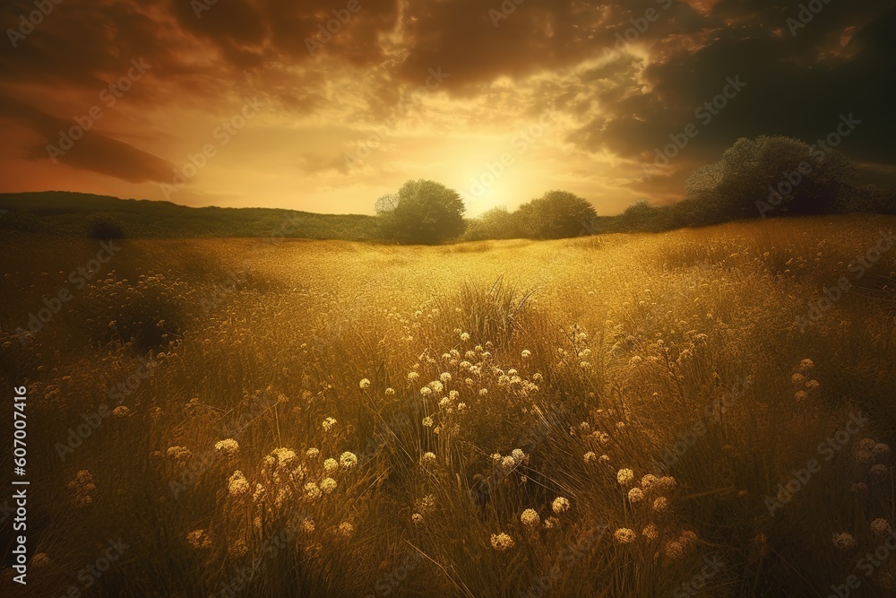 Poster a grassy meadow with some flowers and an overcast sky in the background generative ai