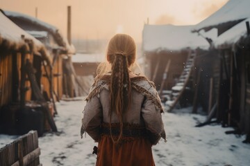 Viking child girl snow settlement. Generate Ai