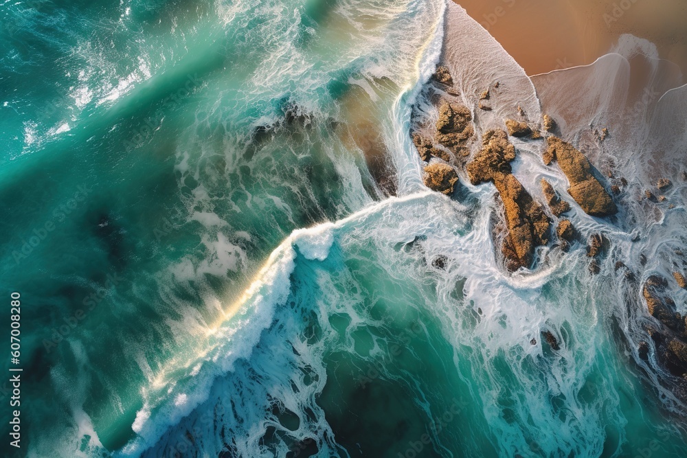 Poster a bird's-eye view of the ocean with its rocks and waves generative ai
