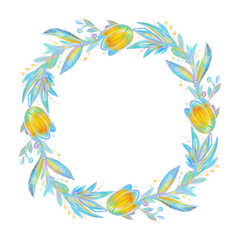 Watercolor turquoise leaves and bright tulips - decorative wreath. Round. Circle composition. Transparent background. PNG.