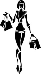 Black stylized silhouette. Cheerful and happy girl with shopping. Logo.