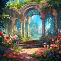 Obraz na płótnie Canvas The background is a digital painting of a fairy garden. (Generative AI)
