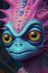 Illustration of a close-up of a cute and curious dragon with large expressive eyes created with Generative AI technology