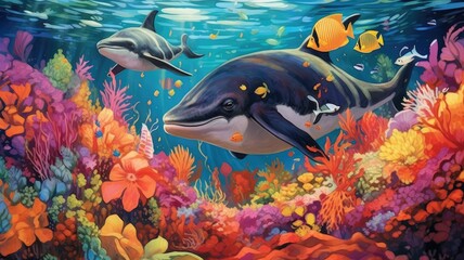Marine life: Illustrations capture the diverse and colorful underwater world, featuring marine creatures such as fish, dolphins, and coral reefs. Generatve AI