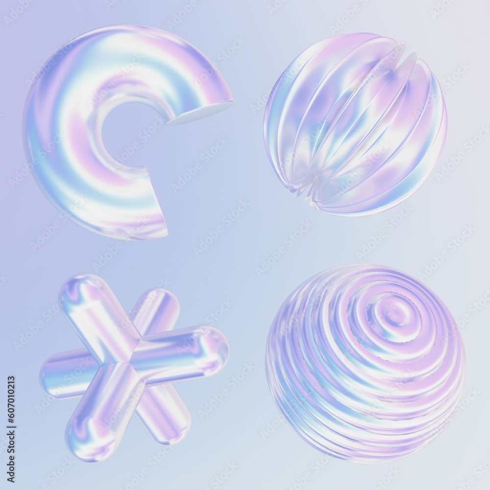 Aufkleber 3d rendering of set of realistic holographic 3d shapes on light background for banners graphic desig