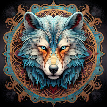 Blue wolf mandala art. AI generated