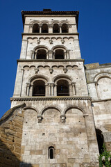 Fototapeta na wymiar VIENNE, FRANCE, May 26, 2023 : Bell tower of chuch of ancient Abbey of Saint-André-le-Bas, founded in the 8th century by Duke Ansemond