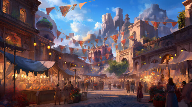 Panorama of a fantasy town. Generative AI.