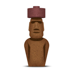 Moai is a monolithic stone statue front view, realistic vector 3d object isolated on white background, in the form of a human figure with a huge head with red pukao hat.