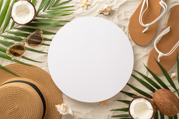 Capture essence of summer holidays with top view composition of sun-kissed accessories: glasses,...
