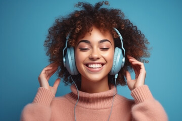 Fototapeta premium Mixed Race Lady Enjoys Music. Young Woman In Knitted Sweater and Earphones. Generative AI
