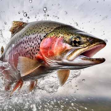 Vibrant Rainbow Trout Jumping Out of the Water, generated by IA 