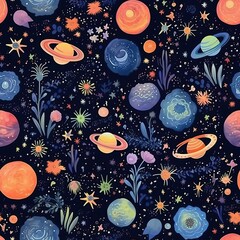 Celestial elements with earthly botanical elements like flowers, plants. Seamless pattern background for textiles, fabrics, covers, wallpapers, print, gift wrapping
