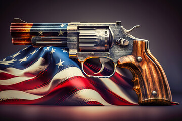 USA flag with wrinkles and fictional vintage-style gun. Gun control issue, social problem, firearms regulation concept. Made with Generative AI - obrazy, fototapety, plakaty