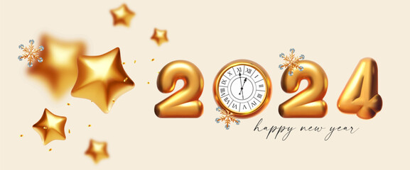 Happy New 2024 Year Elegant gold 3D text with stars. Minimal text template