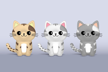 Realistic vector illustration of three cute cats in white, brown and gray