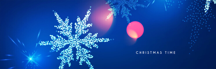 Merry Christmas and Happy New Year design with snowflakes and lights. Shining winter background.