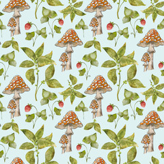 Watercolor mushroom seamless pattern. Pattern with Wild Strawberries and Toadstool Mushrooms. Summer forest design.
