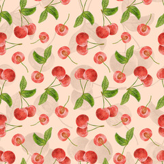 Watercolor cherry. Watercolor cherry seamless pattern. Summer dessert. Cherry berries.