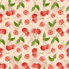 Watercolor cherry. Watercolor cherry seamless pattern. Summer dessert. Cherry berries.