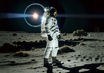 A man in a spacesuit standing on the moon with a small tree around it