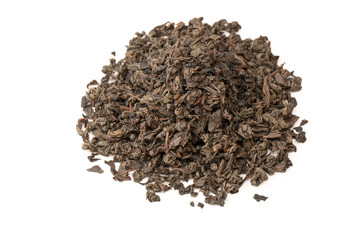 Dried tea leaves isolated on a white background.