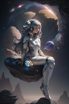 (masterpiece),( best quality), 8k cg wallpaper, illustration, meditating woman in space suit, long flowing fair, sitting on a rocky alien planet, floating rocks, background is space with stars, galaxy