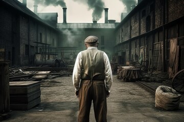Factory old man worker vintage 1800 year. Generate Ai