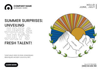 Hello June July Banner with sunset and mountains Vector Illustration