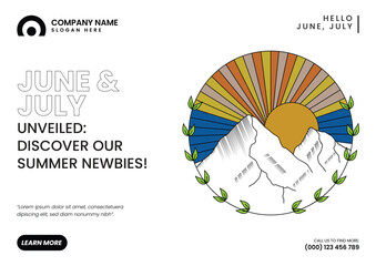 Hello June July Banner with sunset and mountains Vector Illustration