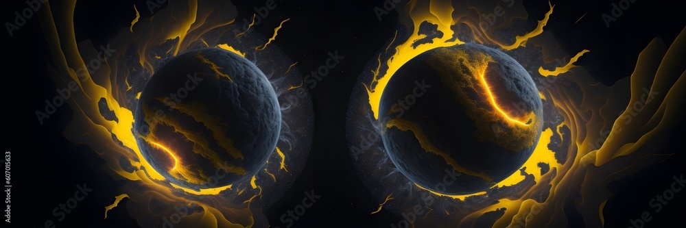 Wall mural background explosion collision of two planets in the sky (yellow and black)