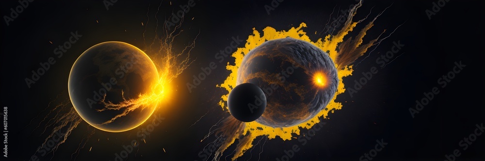 Wall mural background explosion collision of two planets in the sky (yellow and black)