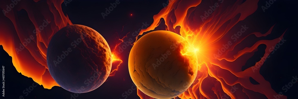 Sticker background explosion collision of two planets in the sky (yellow and red)