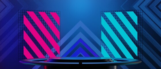 3d illustration rendering of futuristic cyberpunk display, gaming scifi stage pedestal background, gamer banner sign of neon glow stand podium for product