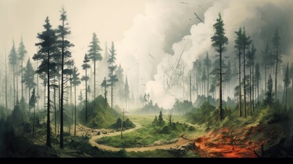 Climate change impact: Illustrations depict deforestation as a contributing factor to climate change, representing the connection between forest preservation and global warming . Generative AI