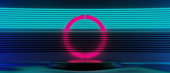 3d illustration rendering of futuristic cyberpunk display, gaming scifi stage pedestal background, gamer banner sign of neon glow stand podium for product © issaronow