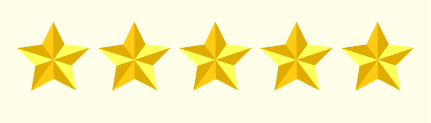 Five golden realistic stars. Vector golden 3d isolated five stars on light pink background. Vector 5 stars rating review. Quality shape design. EPS 10 and EPS 8