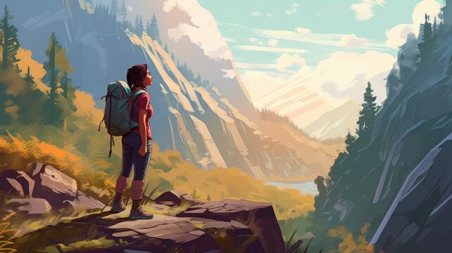 Hiking and trekking: Illustrations depict people exploring scenic trails and hiking routes, inviting viewers to embrace the physical and mental challenges of nature exploration. Generative AI