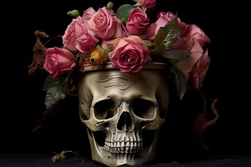 A captivating illustration of a skull nestled in a bucket adorned with delicate roses. An exquisite blend of macabre beauty, created by Generative AI