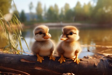 Adventurous Ducklings: Two Glasses-Wearing Friends by the Lake, Generative AI