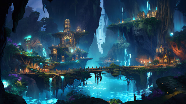 Hidden town in a cave. Generative AI
