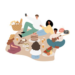 Summer picnic illustration, People, couples, friends, and families enjoying a picnic in park vector clipart, Images in flat cartoon style, Posters, Cards
