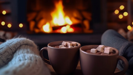 Obraz na płótnie Canvas People hold in their hands two mugs of hot chocolate with marshmallows near the fireplace, on a winter evening. AI generated