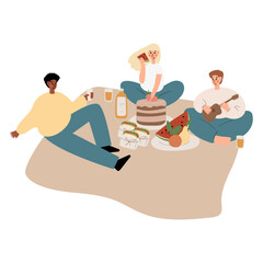 Summer picnic illustration, People, couples, friends, and families enjoying a picnic in park vector clipart, Images in flat cartoon style, Posters, Cards