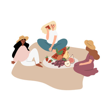 Summer picnic illustration, People, couples, friends, and families enjoying a picnic in park vector clipart, Images in flat cartoon style, Posters, Cards