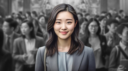 Generative AI image of an Asian lady in front of blurred background, usage as promo advertisement to attract certain gender and ethnicity for hiring