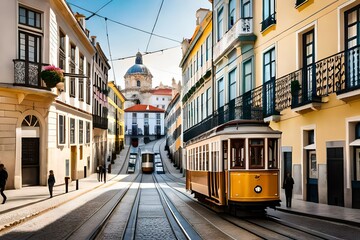 Naklejka na ściany i meble Lisbon, Portugal - Yellow tram on a street with colorful houses and flowers on the balconies - Bica Elevator going down the hill of Chiado. Generative AI