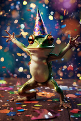 fröhlicher tanzender Frosch mit Partyhut und Konfetti auf Party in Partystimmung. Hochkant. Hochformat. Generative Ai.