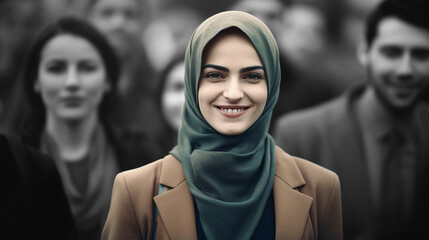 Generative AI image of a hijabi Muslim lady in front of blurred background, usage as promo advertisement to attract certain gender and ethnicity for hiring
