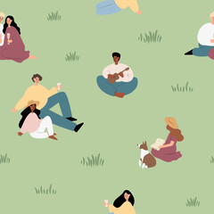 Summer picnic seamless pattern, People, couples, friends, families enjoying a picnic in park digital paper, houses and trees background, vector illustration clipart, Images in flat cartoon style